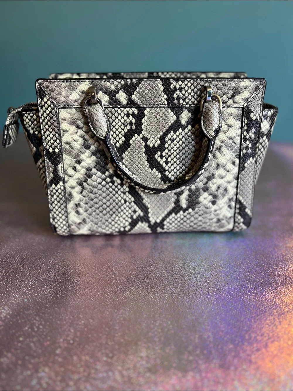 Michael Kors Black and White Python Embossed Leather Satchel